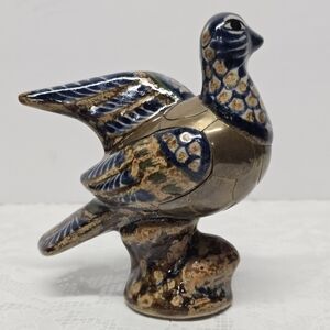 Vintage Tonala Mexican Folk Art Pottery Ceramic Blue Bird Brass Scale Overlay